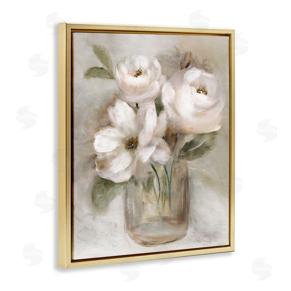Nan Soft Brushstroke Roses Gold Floating Frame Canvas Wall Art Print