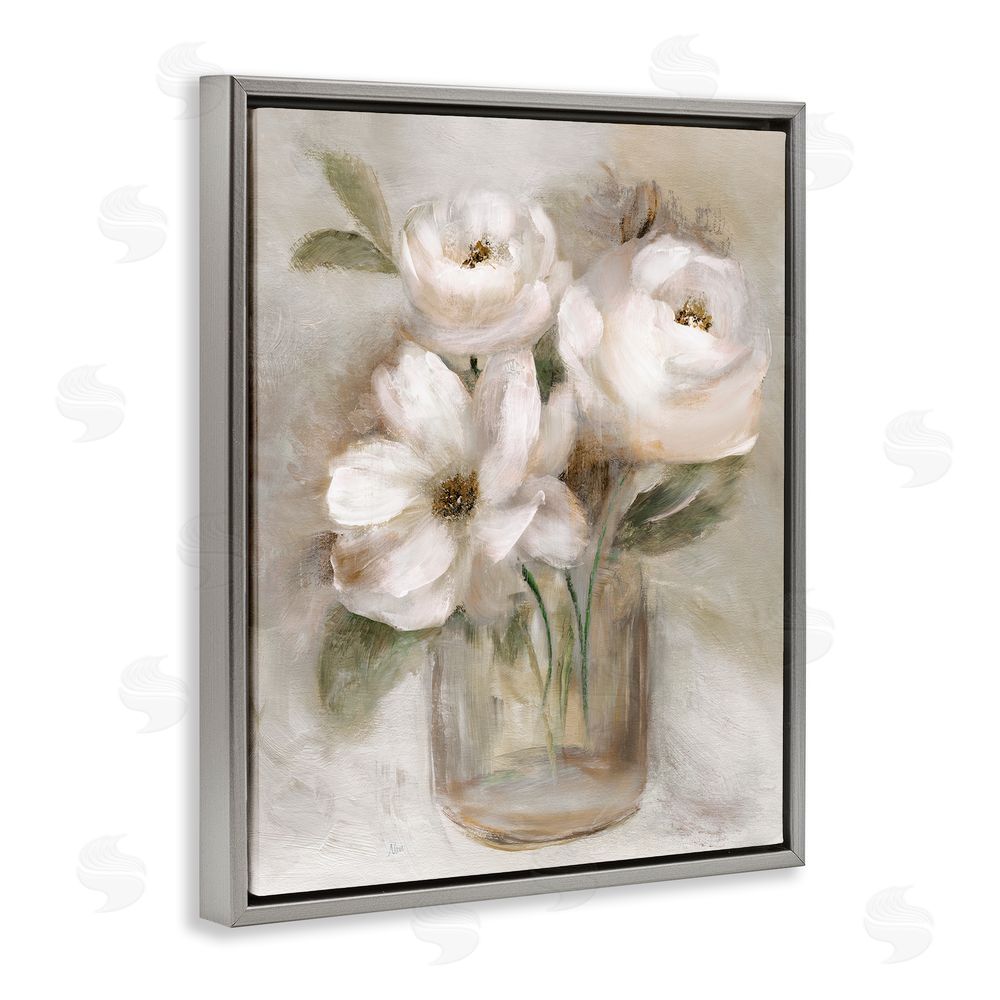 Nan Soft Brushstroke Roses Gray Floating Frame Canvas Wall Art Print