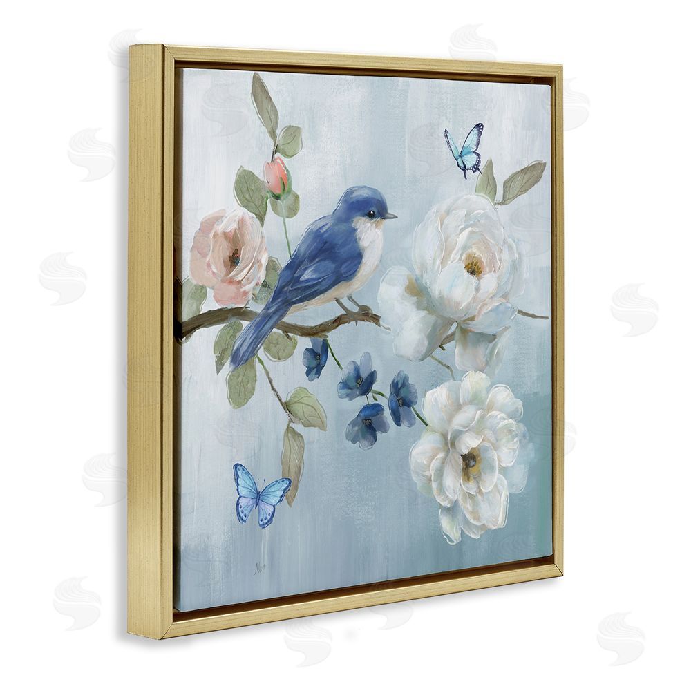 Nan Blue Bird Tranquility Gold Floating Frame Canvas Wall Art Print