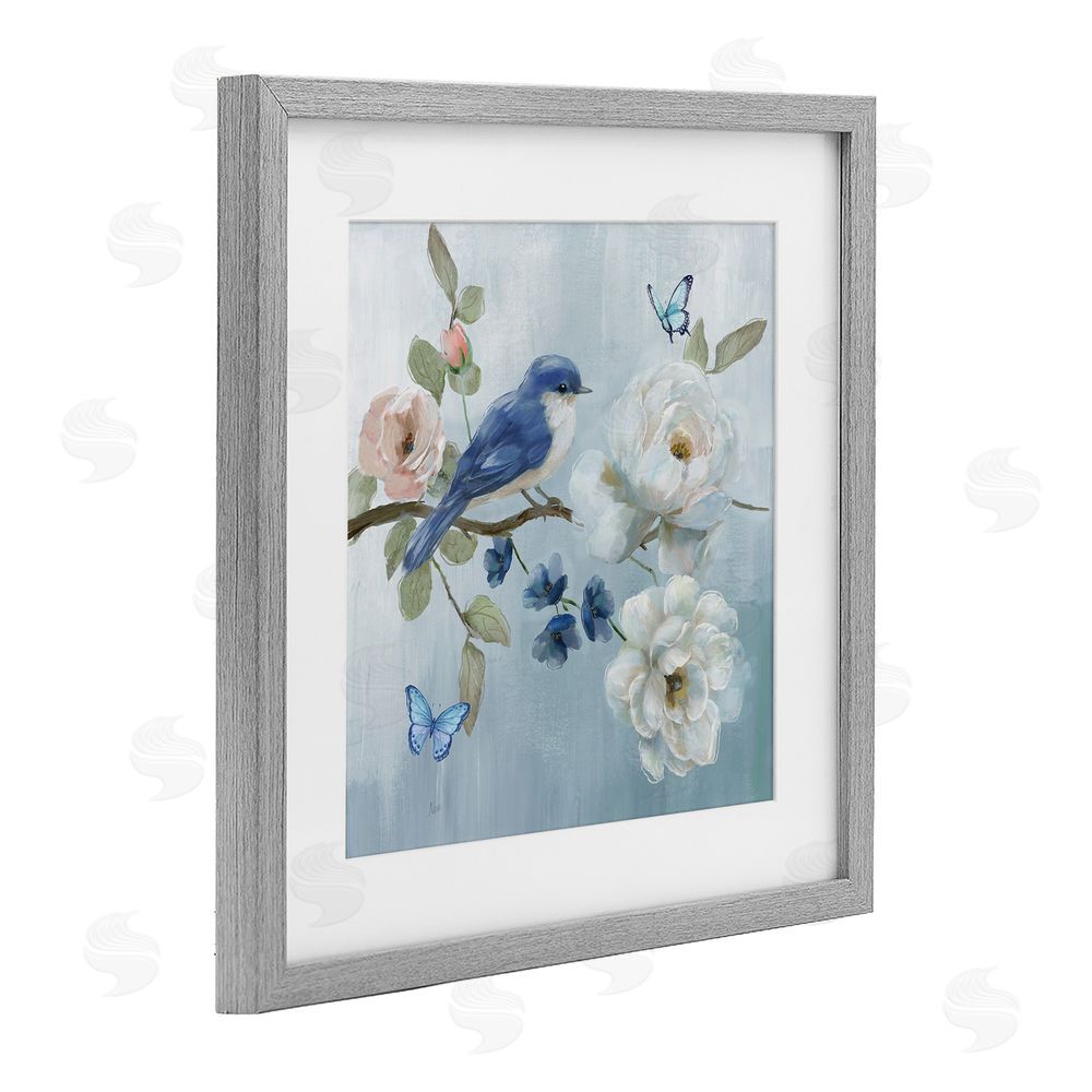 Nan Blue Bird Tranquility Gray Framed Print Under Glass Wall Art