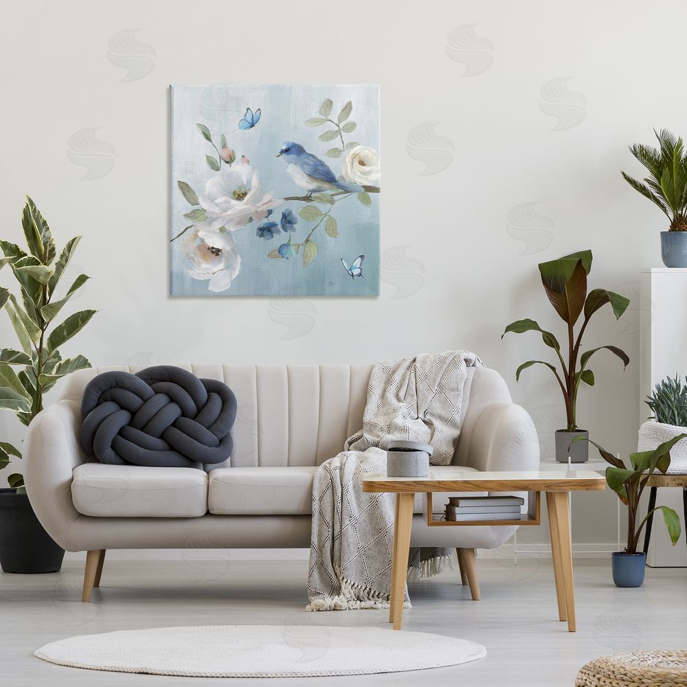Nan Pastel Blue Bird Blooms Stretched Canvas Wall Art in Room