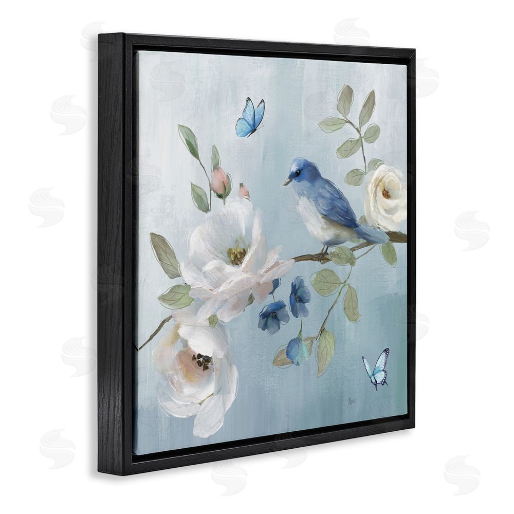 Nan Pastel Blue Bird Blooms Black Floating Frame Canvas Wall Art Print