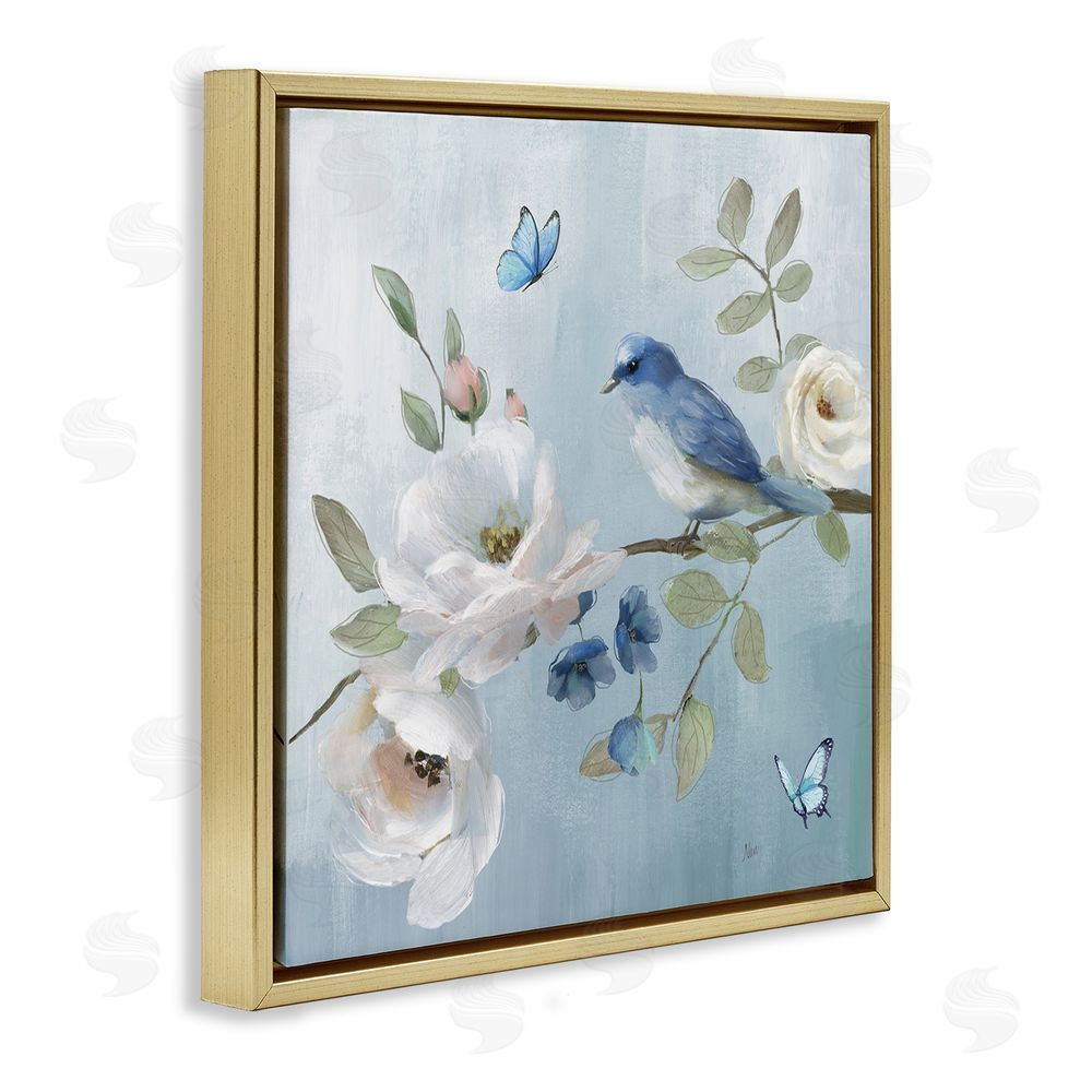 Nan Pastel Blue Bird Blooms Gold Floating Frame Canvas Wall Art Print