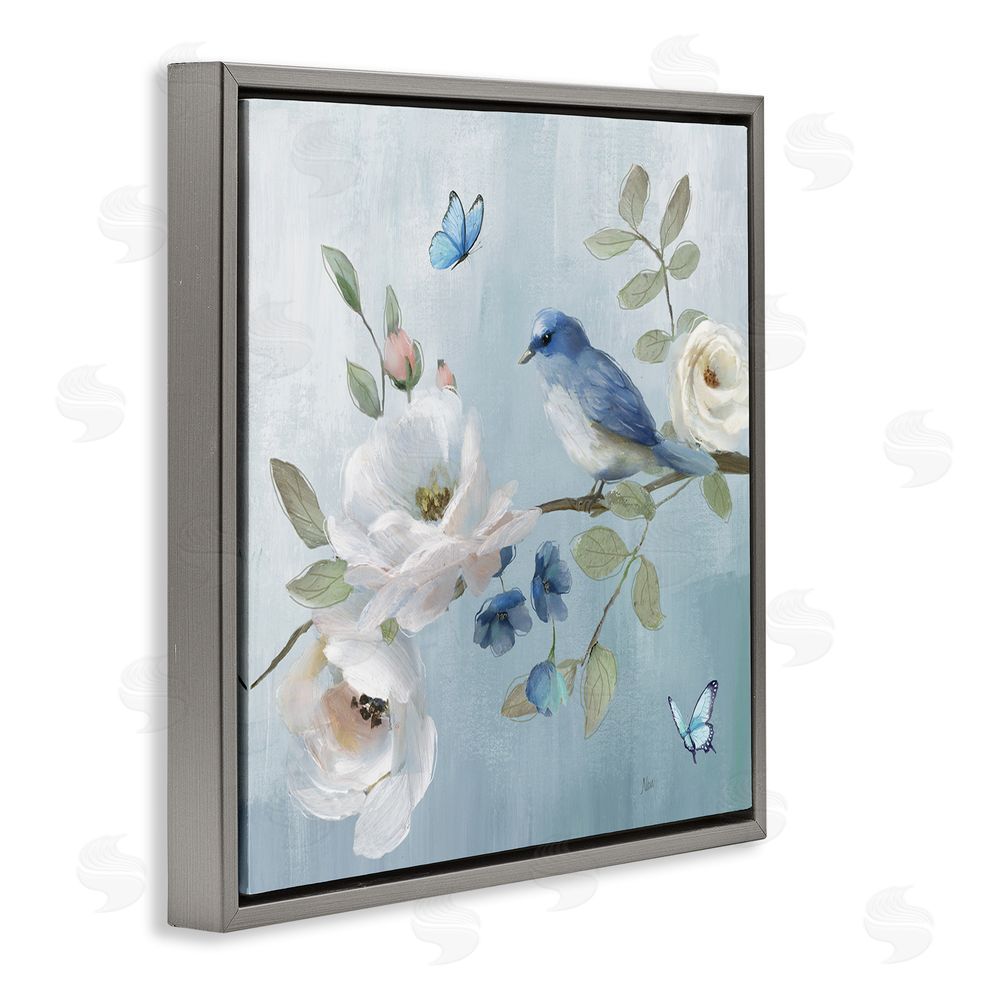 Nan Pastel Blue Bird Blooms Gray Floating Frame Canvas Wall Art Print
