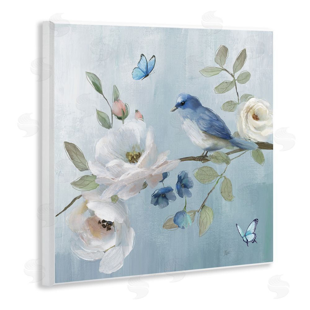 Nan Pastel Blue Bird Blooms Wooden Wall Plaque Art Print