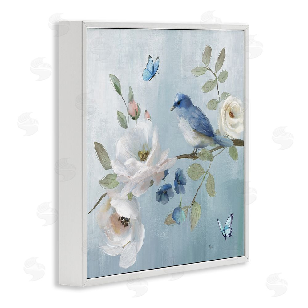 Nan Pastel Blue Bird Blooms White Framed Giclee Wall Art Print