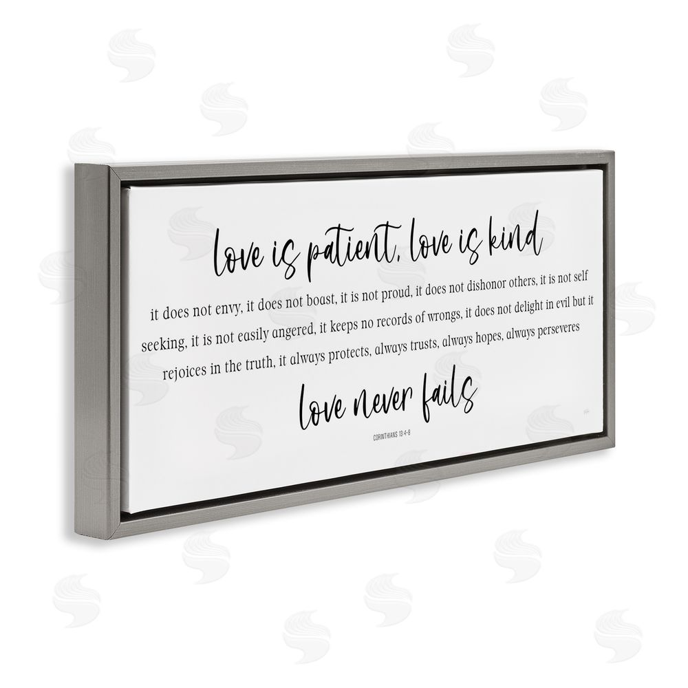 Natalie Carpentieri Love Never Fails Proverb Gray Floating Frame Canvas Wall Art Print
