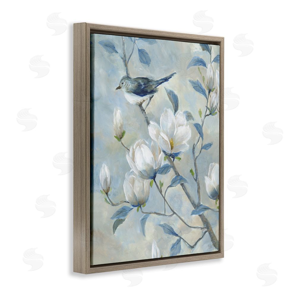Nan Blue Bird in Magnolia Tree Brown Floating Frame Canvas Wall Art Print