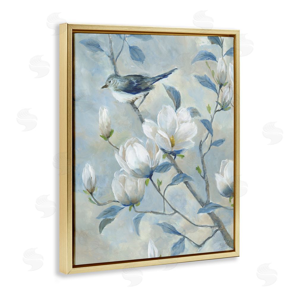 Nan Blue Bird in Magnolia Tree Gold Floating Frame Canvas Wall Art Print