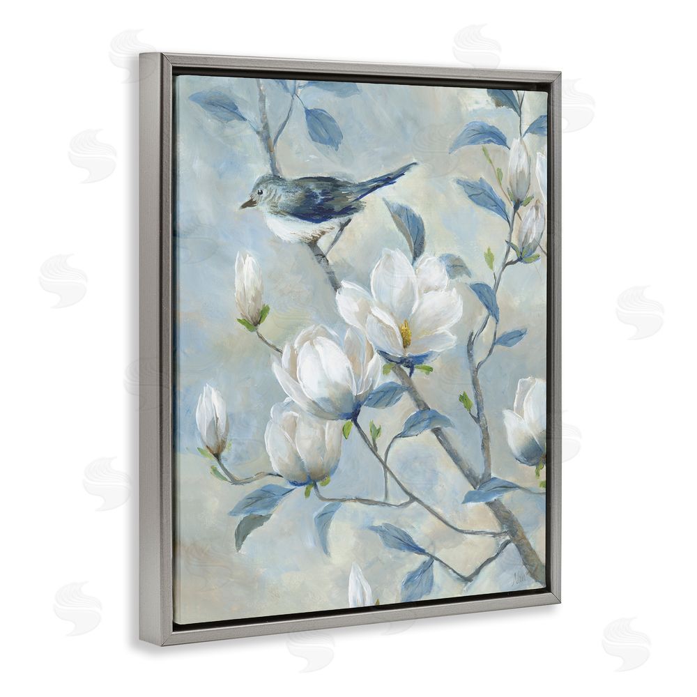 Nan Blue Bird in Magnolia Tree Gray Floating Frame Canvas Wall Art Print