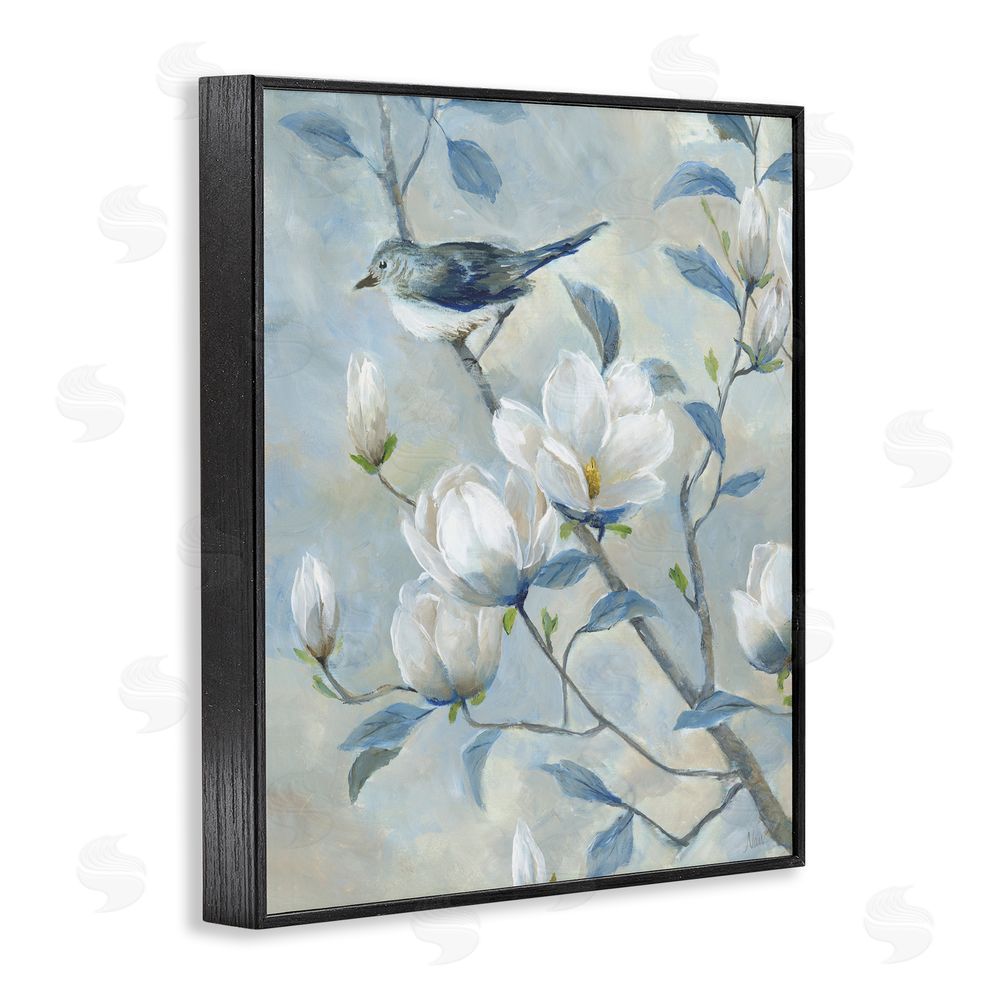 Nan Blue Bird in Magnolia Tree Black Framed Giclee Wall Art Print