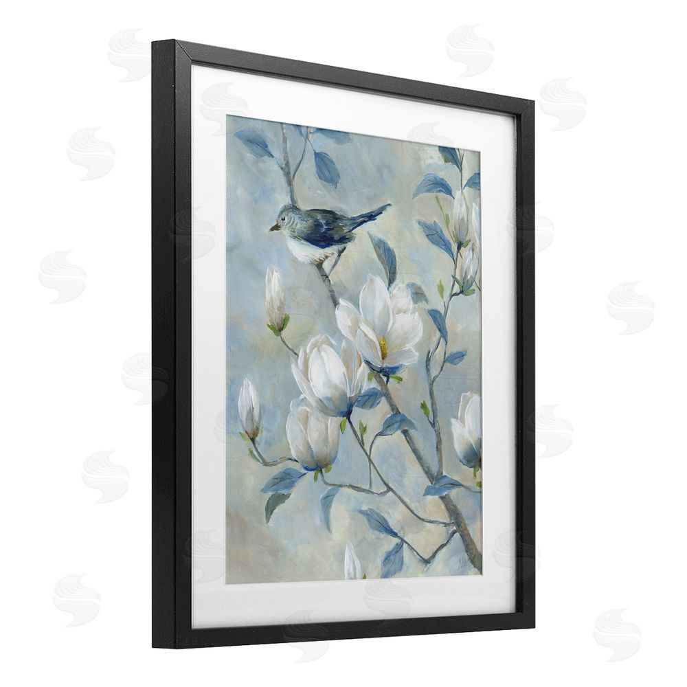 Nan Blue Bird in Magnolia Tree Black Framed Print Under Glass Wall Art
