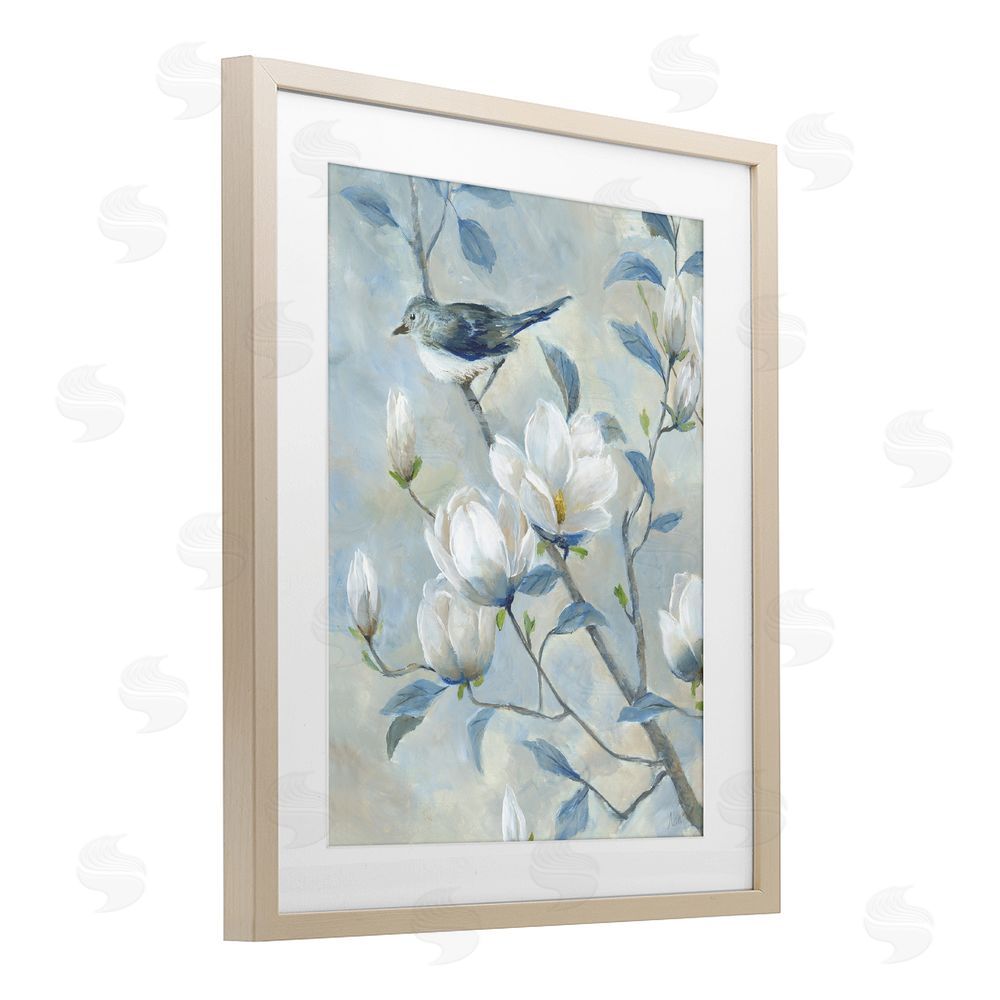 Nan Blue Bird in Magnolia Tree Brown Framed Print Under Glass Wall Art