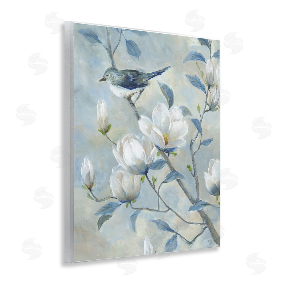 Nan Blue Bird in Magnolia Tree Wooden Wall Plaque Art Print