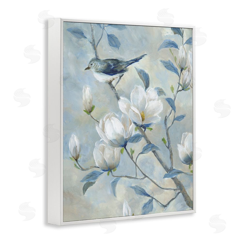 Nan Blue Bird in Magnolia Tree White Framed Giclee Wall Art Print