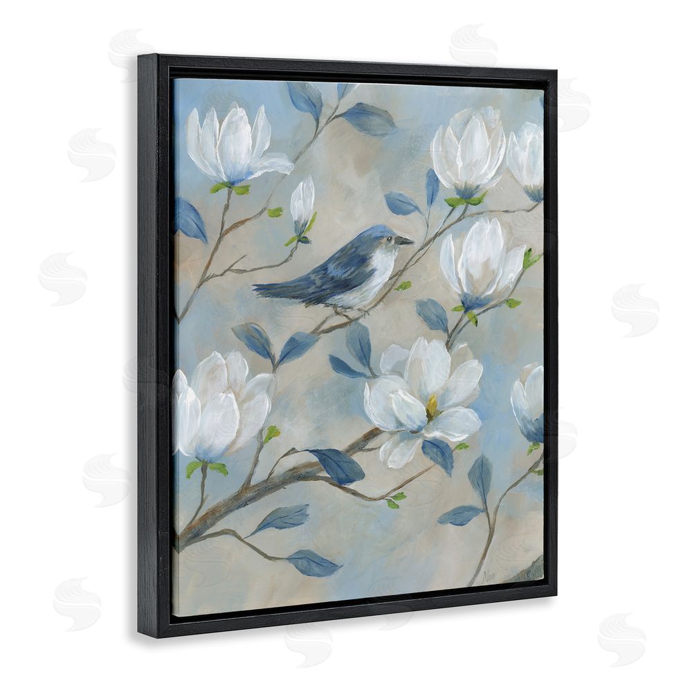 Nan Blue Bird & Magnolia Black Floating Frame Canvas Wall Art Print