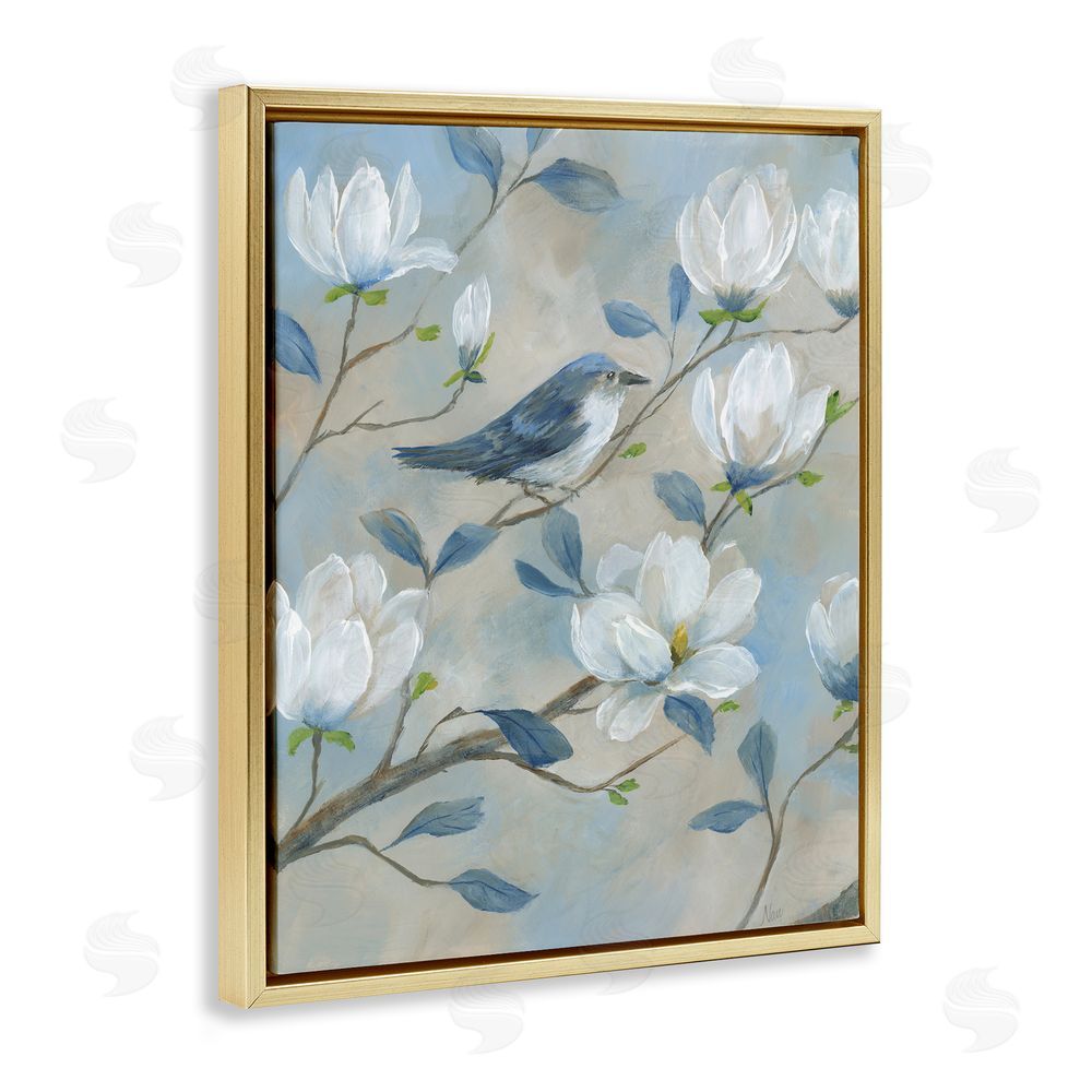 Nan Blue Bird & Magnolia Gold Floating Frame Canvas Wall Art Print