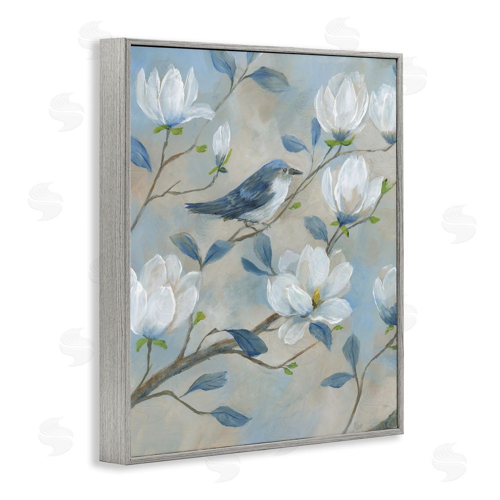 Nan Blue Bird & Magnolia Gray Framed Giclee Wall Art Print
