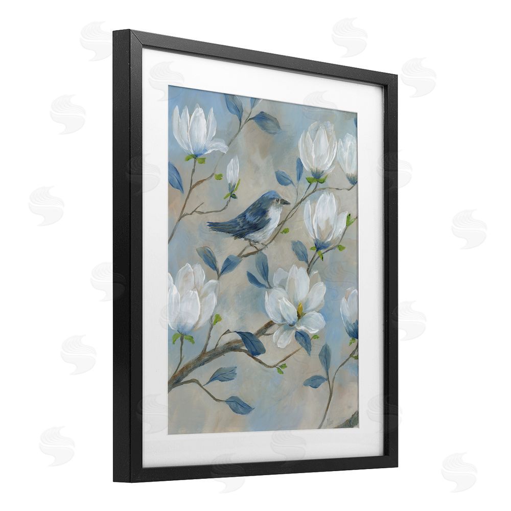 Nan Blue Bird & Magnolia Black Framed Print Under Glass Wall Art
