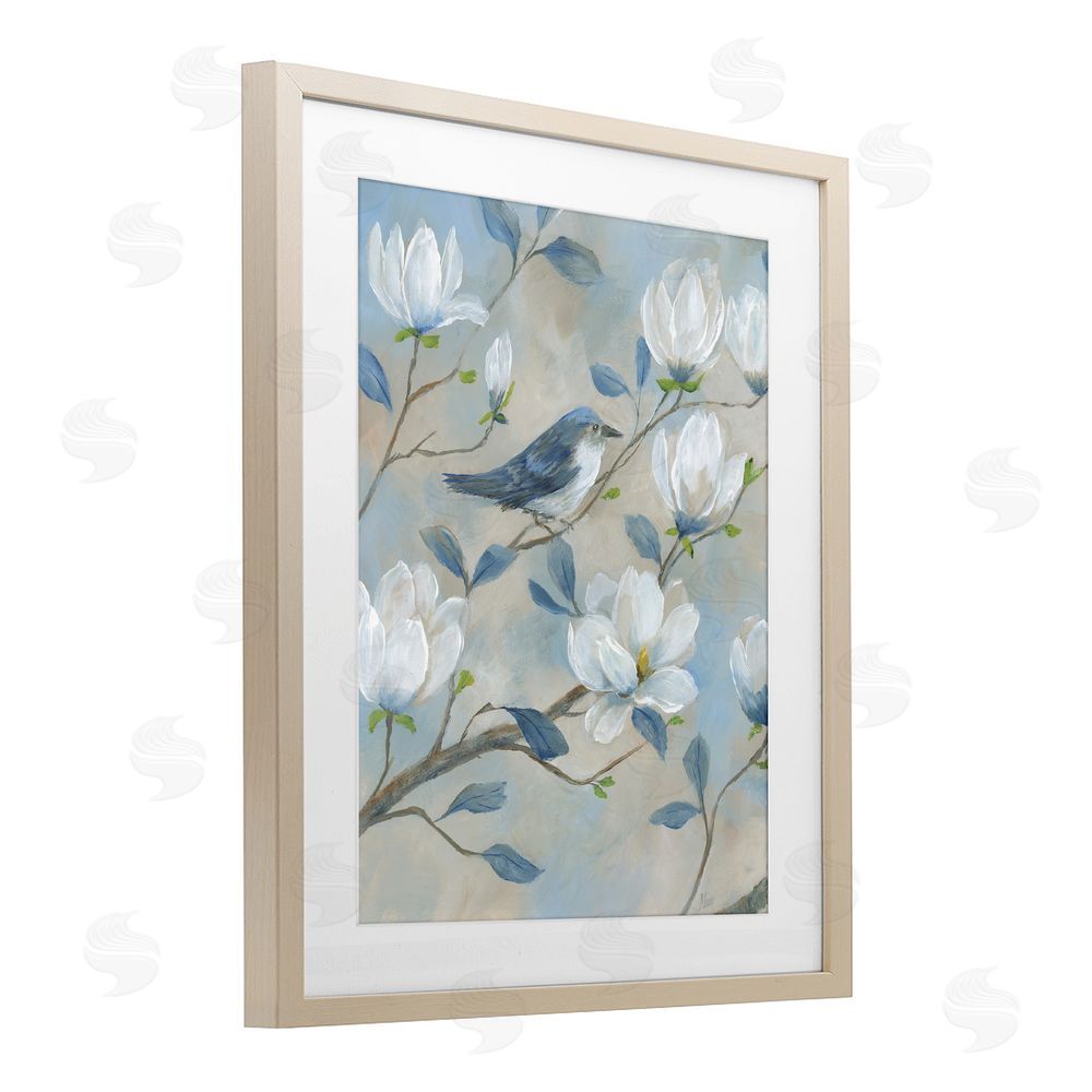 Nan Blue Bird & Magnolia Brown Framed Print Under Glass Wall Art