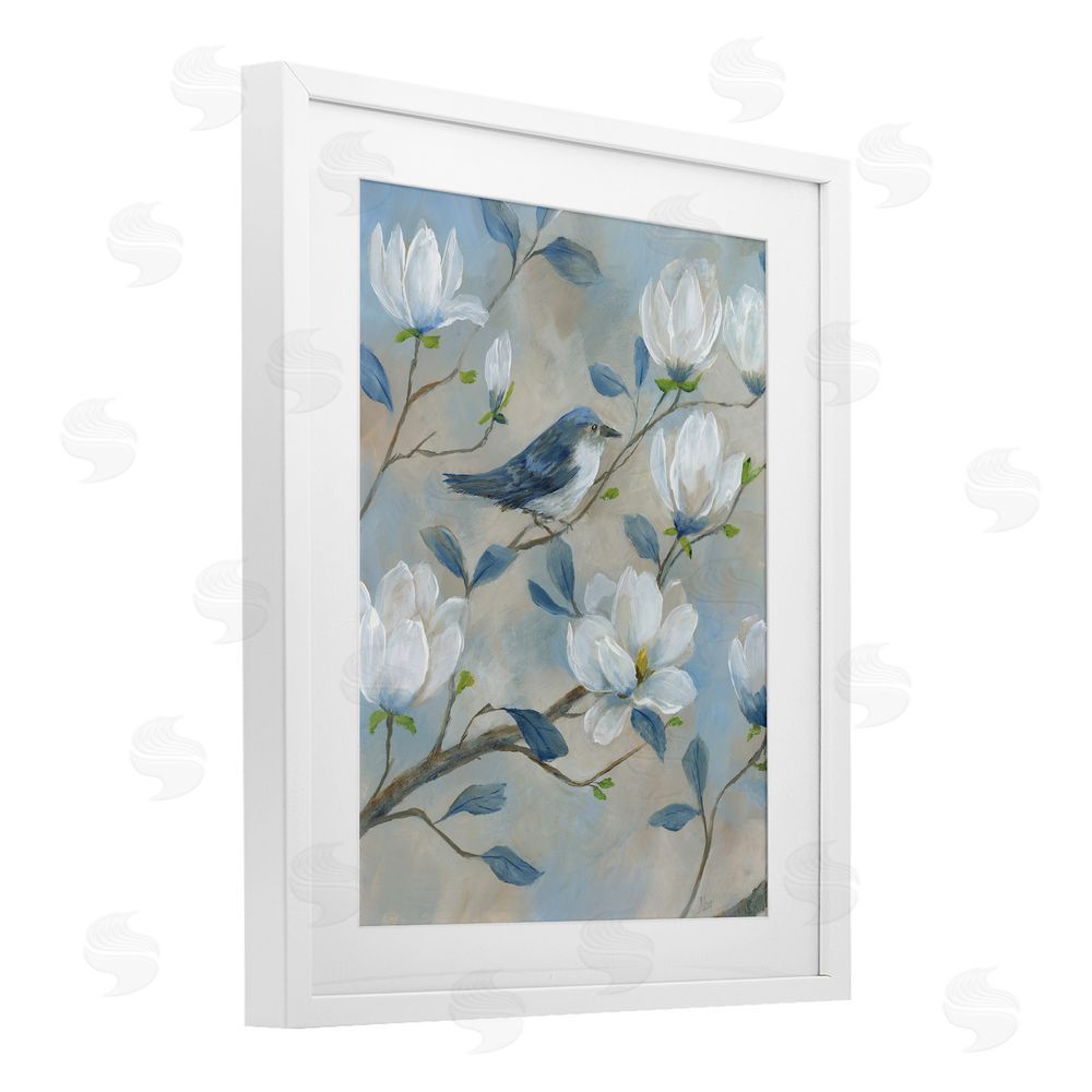 Nan Blue Bird & Magnolia White Framed Print Under Glass Wall Art