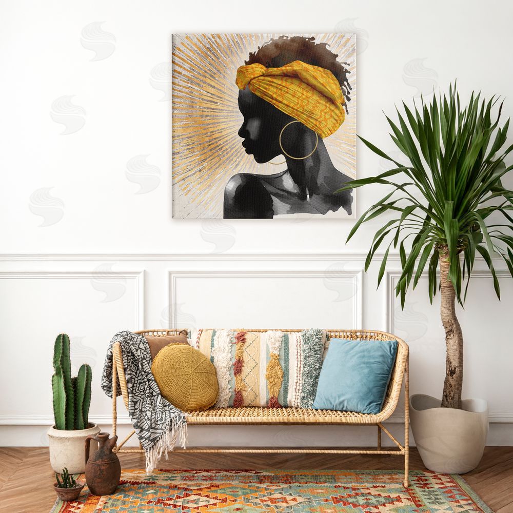 CAD Designs Golden Sunburst Profile with Headwrap Stretched Canvas Wall Art in Room