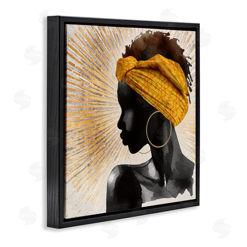CAD Designs Golden Sunburst Profile with Headwrap Black Floating Frame Canvas Wall Art Print