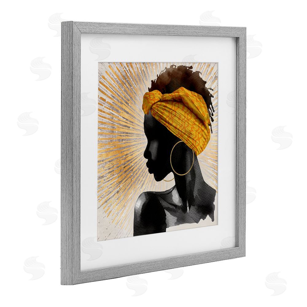 CAD Designs Golden Sunburst Profile with Headwrap Gray Framed Print Under Glass Wall Art
