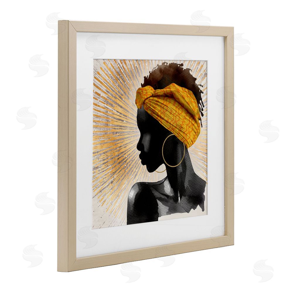 CAD Designs Golden Sunburst Profile with Headwrap Brown Framed Print Under Glass Wall Art