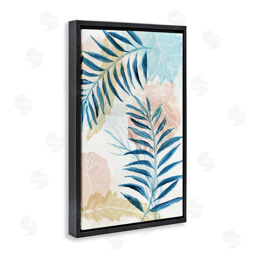 Nan Blue Palm Fronds in Pastel Haze Black Floating Frame Canvas Wall Art Print