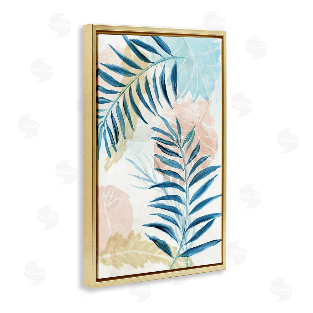 Nan Blue Palm Fronds in Pastel Haze Gold Floating Frame Canvas Wall Art Print
