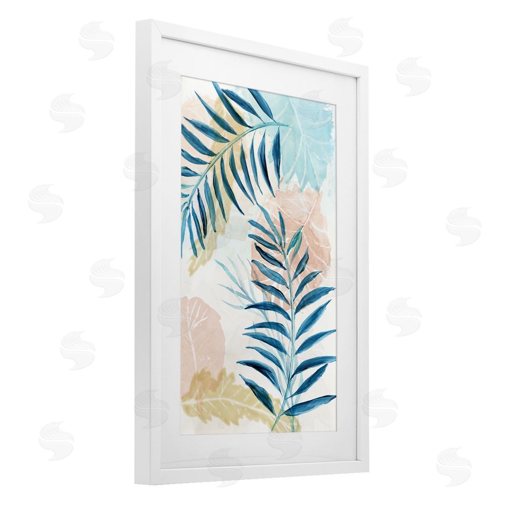 Nan Blue Palm Fronds in Pastel Haze White Framed Print Under Glass Wall Art