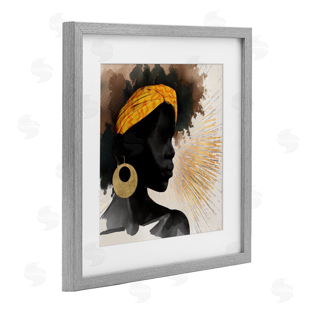 CAD Designs Sunburst Silhouette with Headwrap Gray Framed Print Under Glass Wall Art