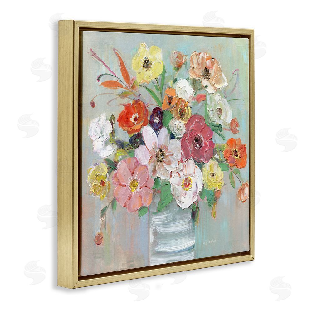 Sally Swatland Energetic Blossom Bouquet Gold Floating Frame Canvas Wall Art Print
