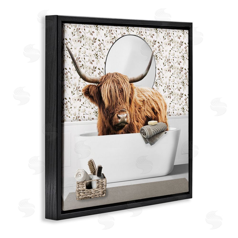 CAD Designs Boho Cattle Bath Time Black Floating Frame Canvas Wall Art Print