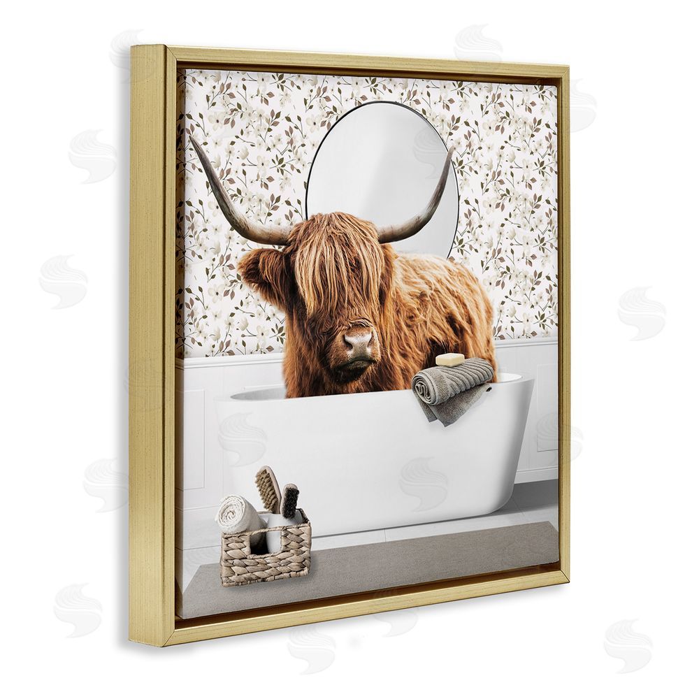 CAD Designs Boho Cattle Bath Time Gold Floating Frame Canvas Wall Art Print