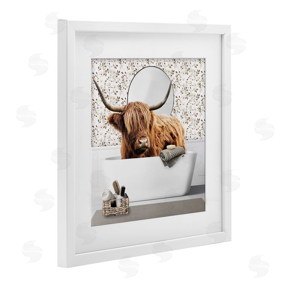 CAD Designs Boho Cattle Bath Time White Framed Print Under Glass Wall Art