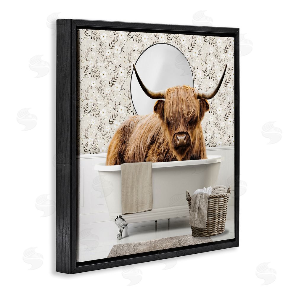 CAD Designs Cottage Cattle Bath Time Black Floating Frame Canvas Wall Art Print