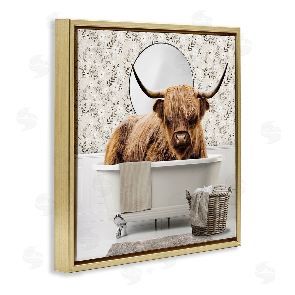 CAD Designs Cottage Cattle Bath Time Gold Floating Frame Canvas Wall Art Print