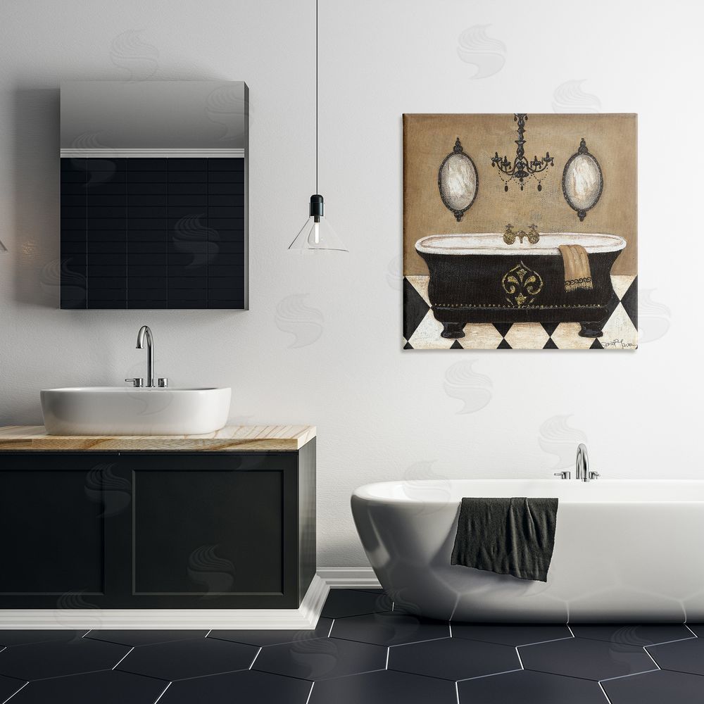 Janet Tava Elegant Bathtub & Chandelier Stretched Canvas Wall Art in Room