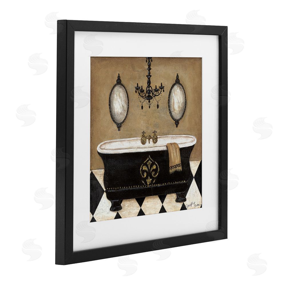 Janet Tava Elegant Bathtub & Chandelier Black Framed Print Under Glass Wall Art