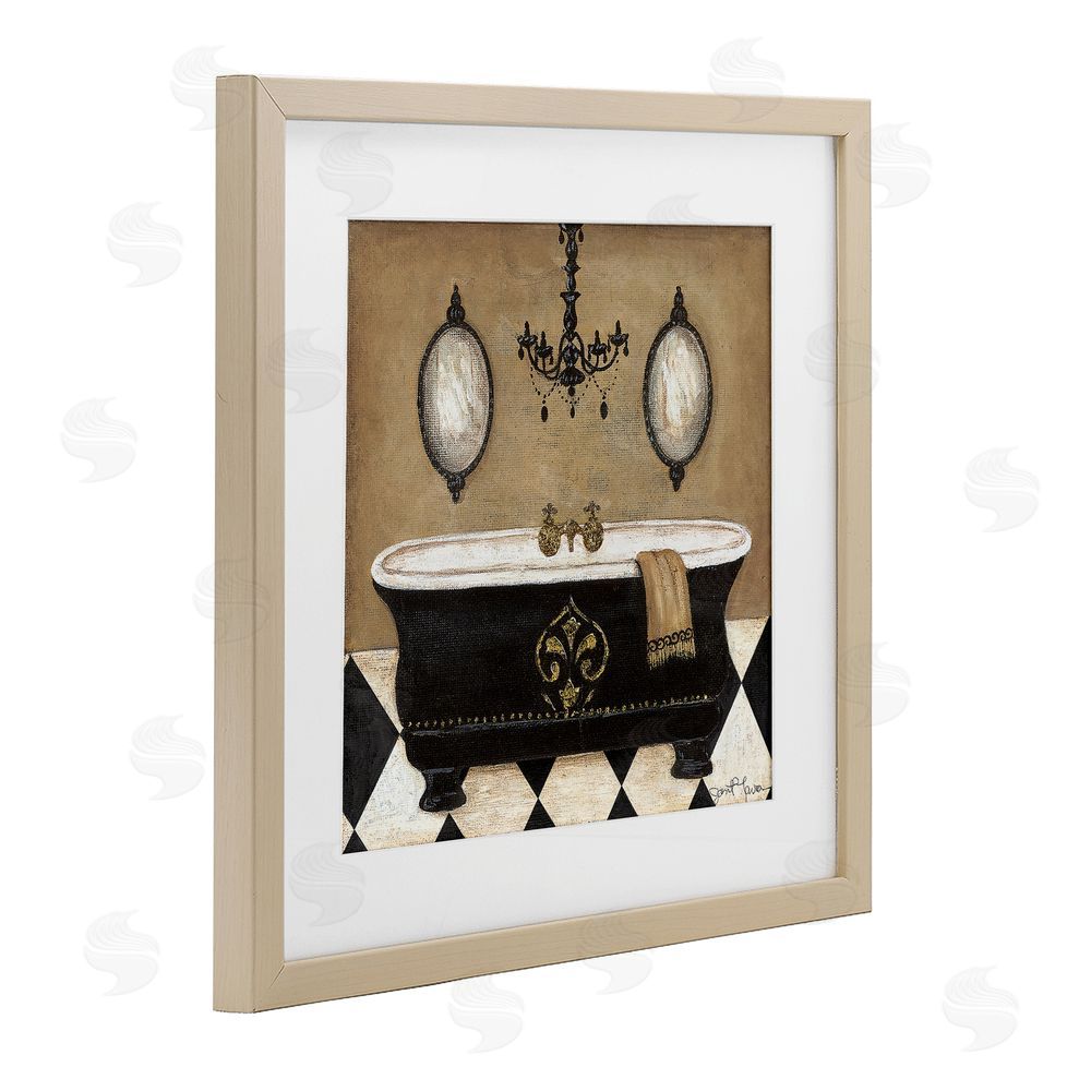 Janet Tava Elegant Bathtub & Chandelier Brown Framed Print Under Glass Wall Art
