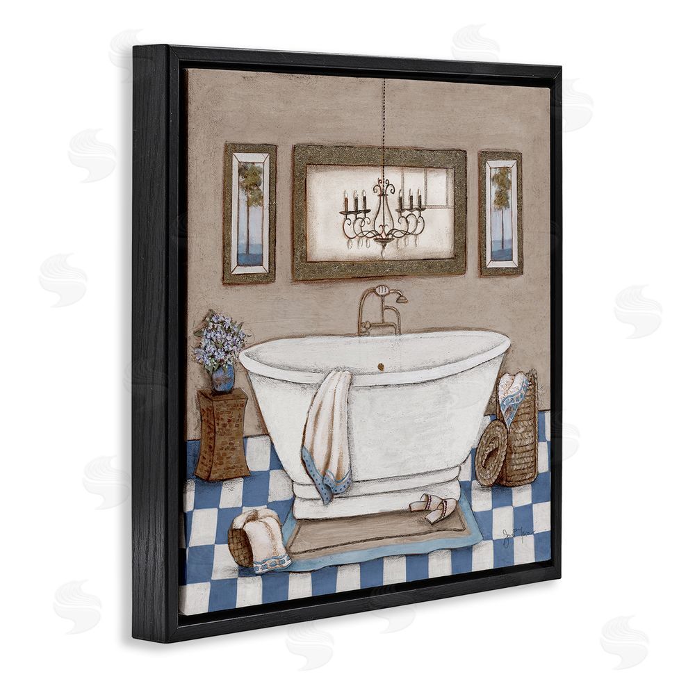 Janet Tava Checkered Bathroom & Chandelier Black Floating Frame Canvas Wall Art Print