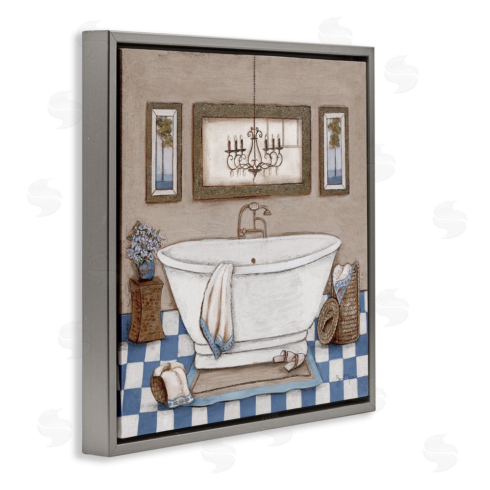 Janet Tava Checkered Bathroom & Chandelier Gray Floating Frame Canvas Wall Art Print