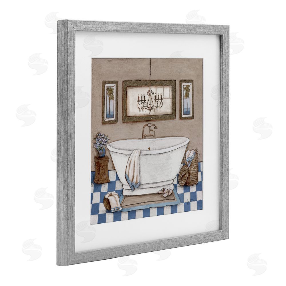 Janet Tava Checkered Bathroom & Chandelier Gray Framed Print Under Glass Wall Art