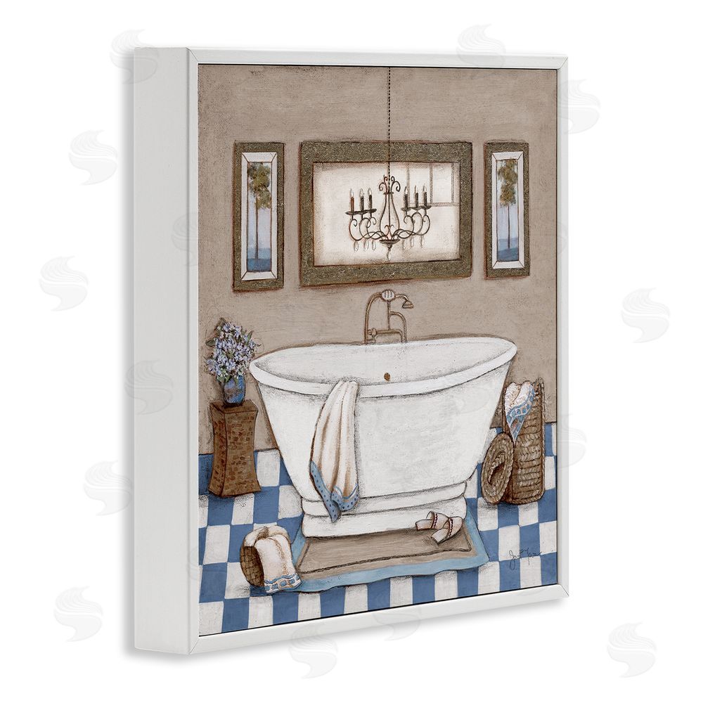 Janet Tava Checkered Bathroom & Chandelier White Framed Giclee Wall Art Print