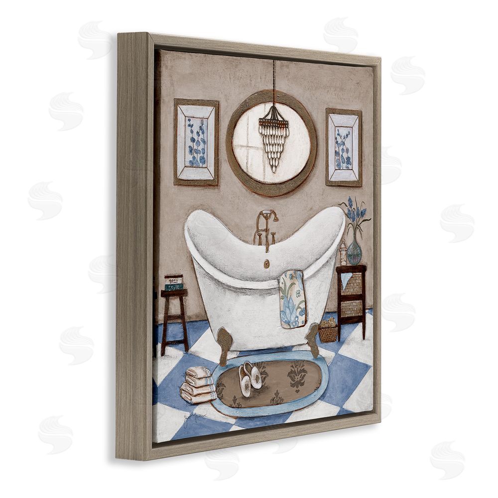 Janet Tava Checkered Relaxing Bathtub Brown Floating Frame Canvas Wall Art Print