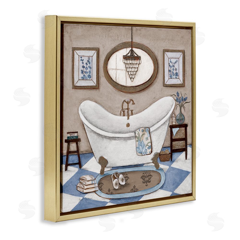Janet Tava Checkered Relaxing Bathtub Gold Floating Frame Canvas Wall Art Print