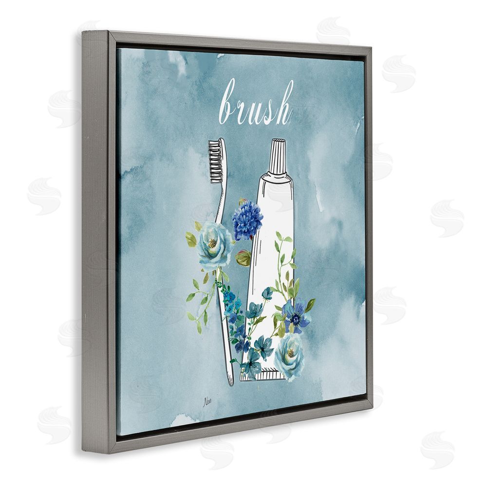 Nan Floral Bathroom Rules Brush Gray Floating Frame Canvas Wall Art Print