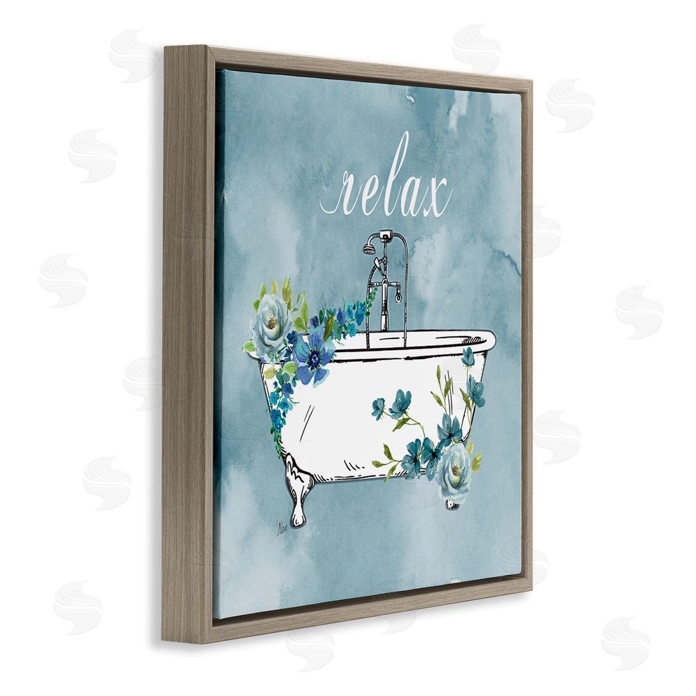 Nan Floral Bathroom Rules Relax Brown Floating Frame Canvas Wall Art Print